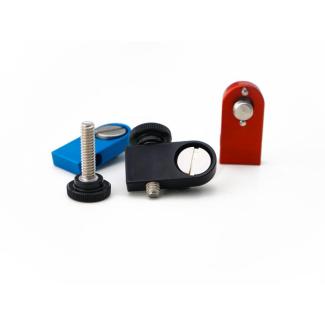 CrossBrackets black, blue and red, shown with the mating ThumbScrews